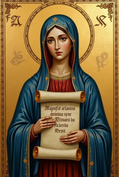 Our Lady of Graces holding a sentence:  Magnificat anima mea dominum