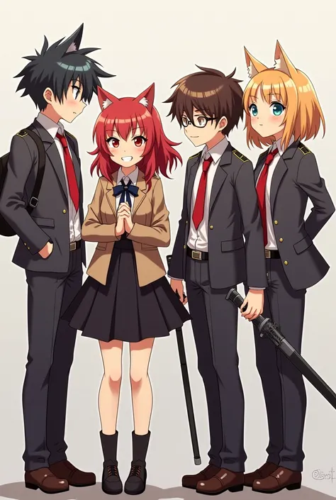 A beautiful school fight anime Five friends picture, with a cat girl with red hair, another girl with brown hair,They have three ren, one of whom wears black glasses And they are smiling And there is another boy with them They have three boys with them and...