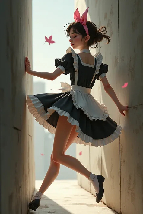 European teenager  , fly away ,  Mimi dressed as a maid  ,  showing legs  ,  with a pink ribbon on her head ,  she is on all fours and looking back , Inside a box 