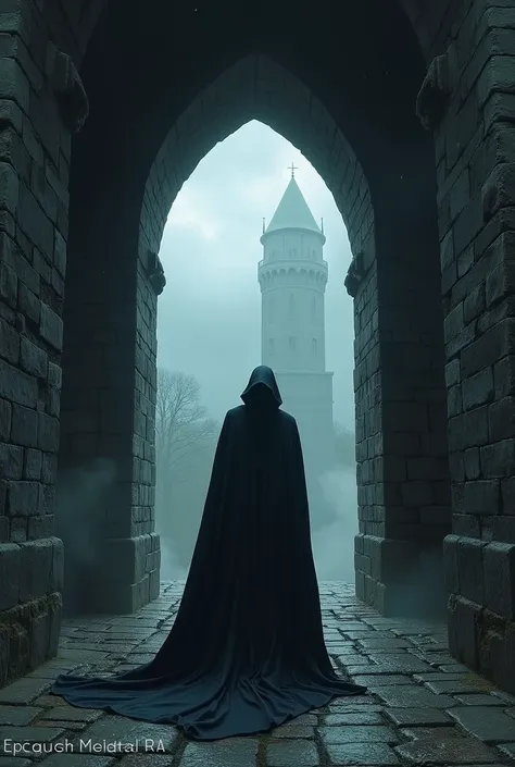 a dark figure inside the entrance of a tower