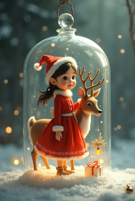  girl dressed for Christmas in a glass jar and deer 