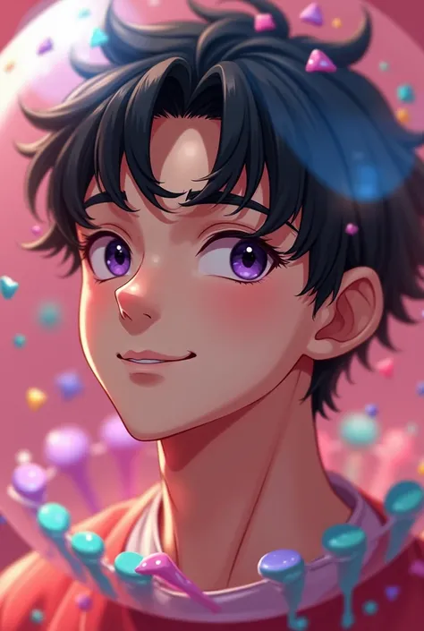 A colorful candy ，Inside the candy is a reflection of a man， short black hair ，27 minutes ， purple eyes ，Straight eyebrows，gentle，Big brother， extremely detailed，color，close up，头部close up，Handsome，male，Smile，Shigeo，， sportswear，Older