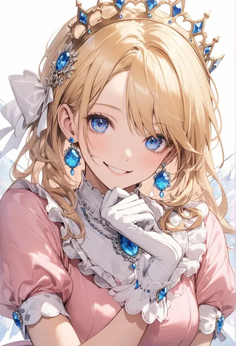 blonde,  pink dress , white gloves,blue earrings,smile, blue brooch , blue eyes,Coronet