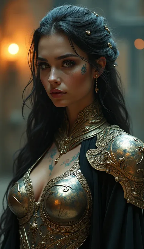 beautiful girl, full tattoo, unpractical shiny armor, highly detailed, photorealistic, masterpiece, sharp focus, ultra-realistic, hyper-detailed, 8k, unreal engine, cinematic lighting, dramatic lighting, moody lighting, volumetric lighting, volumetric fog,...