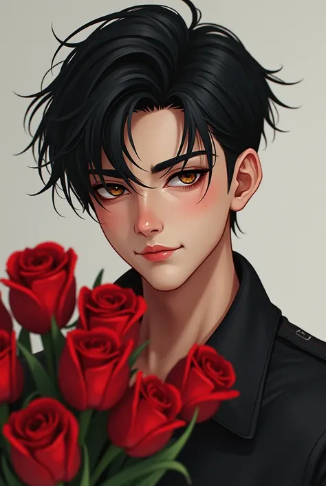 19-year-old boy, short black hair, brown eyes, gangster style, good looks, slightly smiling, holding red flowers.