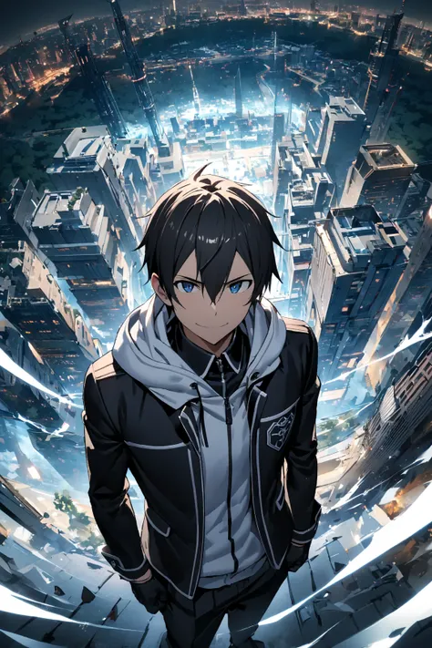 masterpiece, 最 High Quality , 8k, ((1 male, Alone, male focus, confident,)), Scenery of Minato Mirai in Yokohama, Japan, 最 High Quality , Kirito, Japanese delicate and classy anime style cool guy,  Sword Art Online, Im wearing a black zipper-type school un...