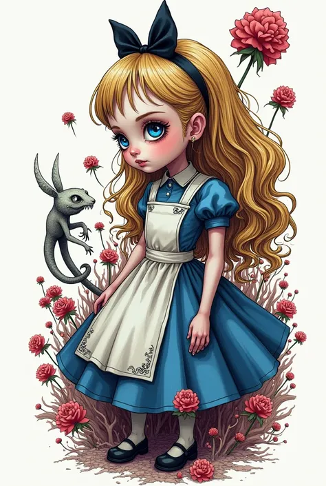 Design a T-shirt featuring Alice in Wonderland in the distinctive style of Shintaro Kago. Alice should be depicted in a surreal and grotesque manner, with exaggerated features and a dreamlike, nightmarish quality. Incorporate elements of Kagos signature st...