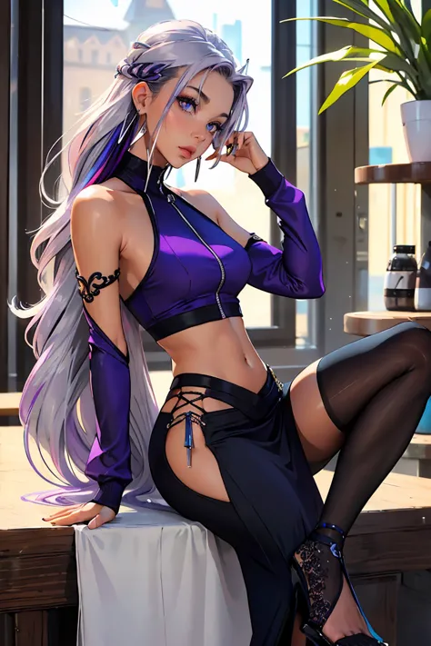 Goddess ((goddess-like woman)), slim elegant silhouette, masterpiece, (close angle), best quality, sweet face, (masterpiece:1,2, best quality), (real picture, intricate details), (1 lady , solo, medium , slim waistline, ), (blue eyes, silver purple hair, multicolored hair, white streaks, long hair:1.4) she has an impressive presence, bracelet, hoop earrings, beautiful face, beautiful eyes, she Wears a Zipper Cropped Sweater and hip-high long black skirt with a slit on the side, , z1pp3rsw3at3r, ruch3dband3aus3t,, bare shoulders, midriff, off shoulder, sleeves past wrists, zipper sweater midriff, high heels,long skirt, slit, strappy heels, background:town, in a small coffee shop, stands in front of a large window where you can see the street in front of the coffee shop.