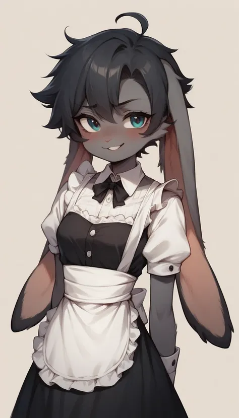  best quality  ,  very detailed illustration,( Anthropomorphic fluffy boy rabbit :1,7), bluish-gray fur,  tousled fluffy hair , sly look , alluring playful look  , Slim,  perfect body , Cute, Smug Bitches,  cartoon  , Maid clothes