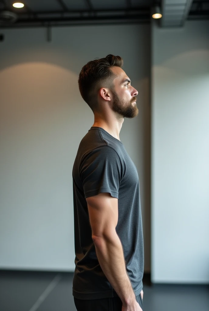 Create a man doing a hyperextension neck warm-up he wears sportswear moving his neck slightly from side to side