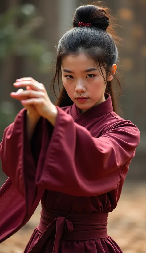  is set in a martial arts world background, Wearing a burgundy costume，Strike your opponent with a lunge，High-speed motion creates illusions，  young beauty Dayan with dark hair， Military gemale ， and put on a lunge fighting posture，Play Chens Taijiquan ，