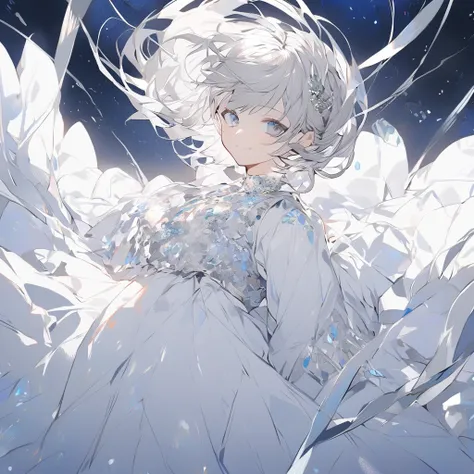 Alone, 1 female, Silver Hair, Silver Eyes,Yuruffas long, White Dress, Long Sleeve ,smile, handsome, starry sky 