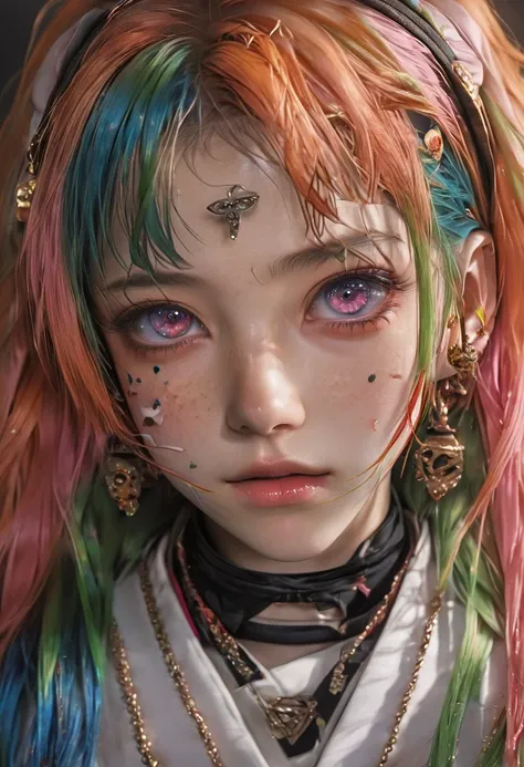 (masterpiece, best quality:1.2), (absurdres, highres, ultra-detailed), (perfect anatomy),
1 japanese woman, 22yo,beautiful eyes00 , (heterochromia, green eyes ,blue eyes) ,
half updo,
((multicolored hair , pink hair, orange hair, red hair)), shiny hair ,
e...