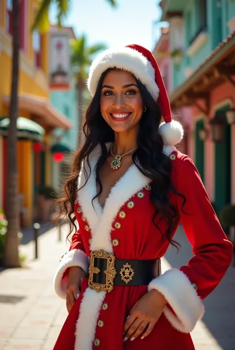 A puertorrican women with a Santa Outfit