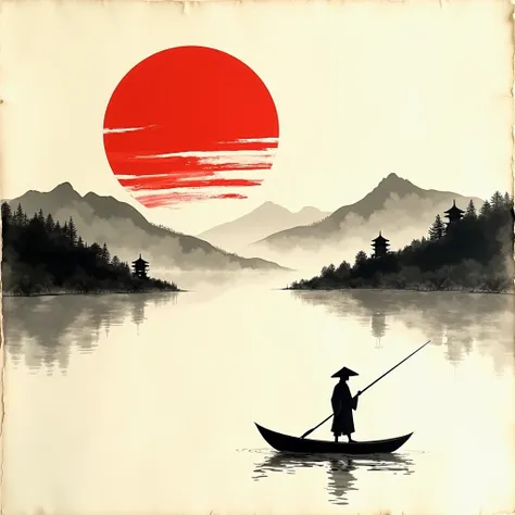 The image is a traditional Japanese ink painting set on a textured paper background. The painting is serene and peaceful, with a large red sun in the upper center, partially obscured by horizontal brushstrokes, symbolizing a sunrise or sunset. In the foreg...