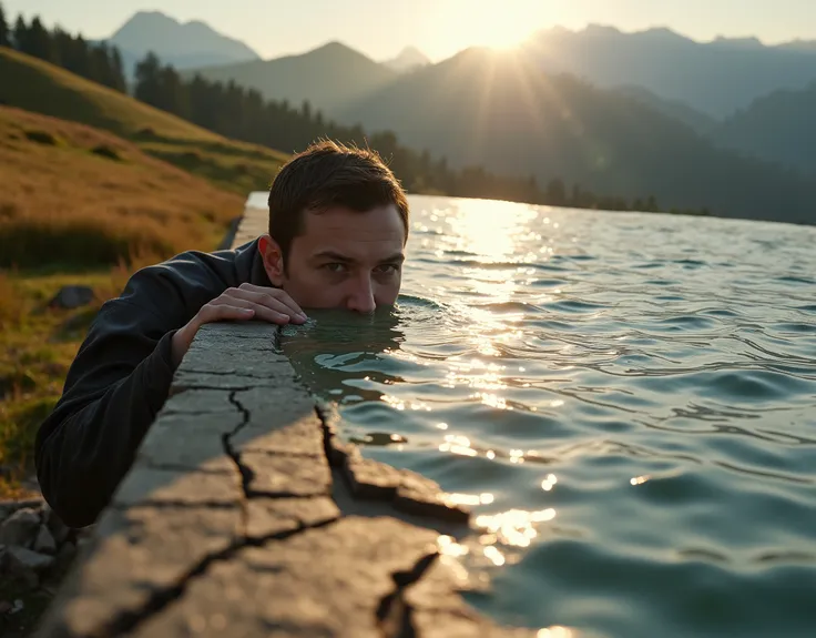 "A photorealistic close-up of a lone explorer standing at the absolute edge of the known world, captured in a moment of intense emotion. His body leans forward as his head pierces through a shimmering, liquid-like boundary into the unknown, while his expre...