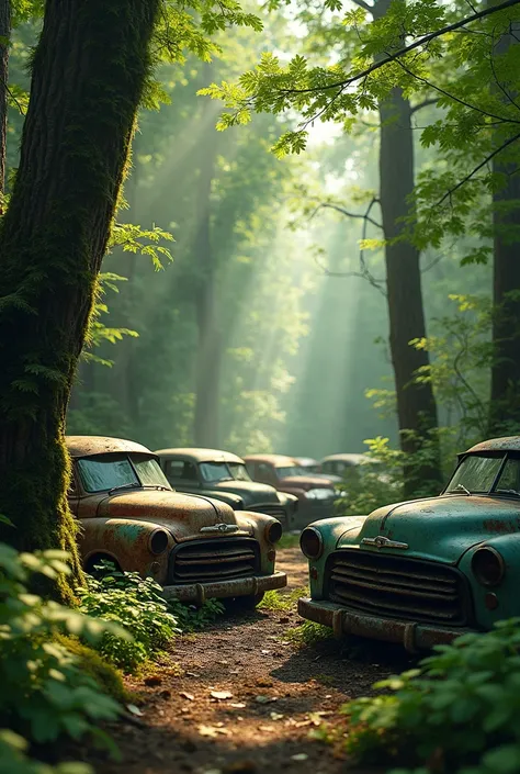 accedental cars having trees on it in a beautiful forest  