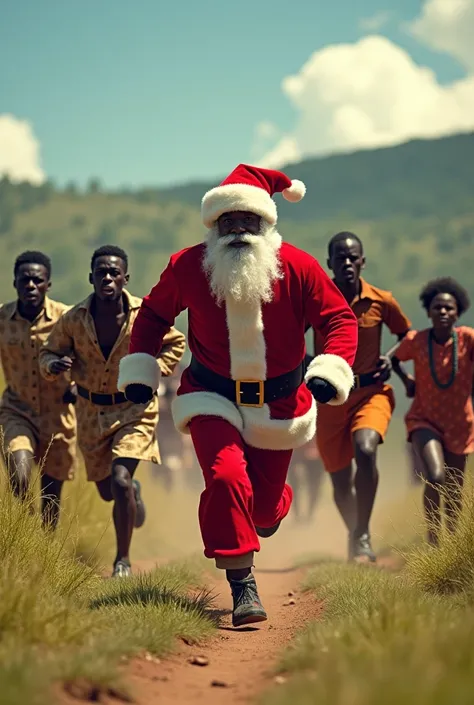 Black people from Zibmbawe who are being chased by Santa Claus as they shout in desperation