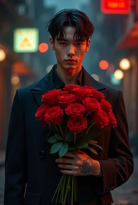 19-year-old man, white skin, black hair, brown eyes, good looking gangster style, holding red flowers