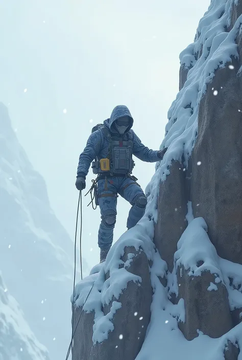 Detailed moment ((Cyber-Soldier  climbing on Hight Rock)), (snow cover his clothes),  (clothes winter camouflage,  climbers equipment),  ((Snowfall and Strong wind)), ((шедевр, высочайшего качества, Максимальное качество изображения, высокое разрешение, фо...