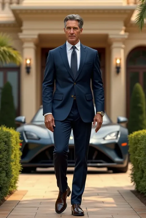 
"A confident and well-dressed man in his mid-40s, standing in a luxurious setting. He is wearing a tailored navy-blue suit with a silk tie and polished leather shoes. His hair is neatly styled, and he has a wristwatch with a gold band. Behind him is a gra...