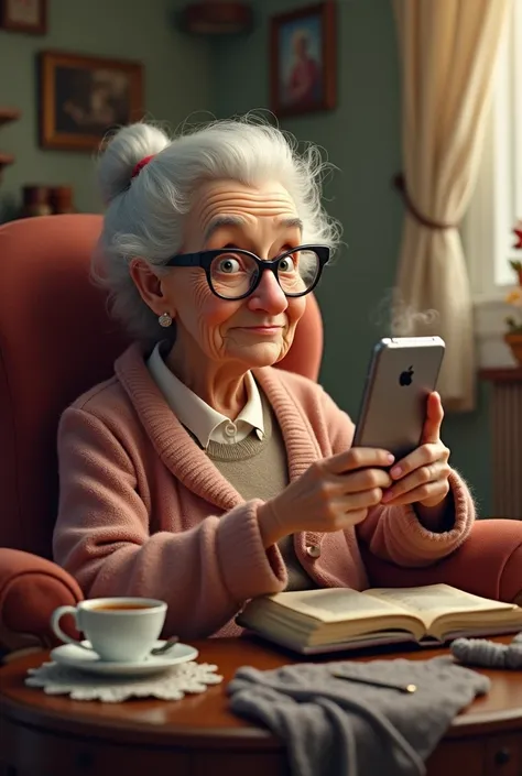 An amusing image of an elderly woman sitting in a vintage-style living room, holding a modern smartphone and squinting at the screen with a curious and slightly mischievous expression. She wears a shawl and glasses perched on her nose, with one hand adjust...