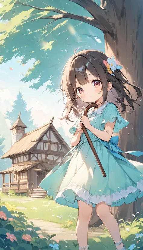    Bright lines and soft colors create a dreamy effect., A fleeting impression.., one woman、 Old Tree House     、Girl with an old wooden cane    、 holding an old wooden cane 、cute、  Fantasy Villagers 、