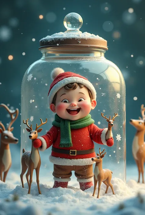 Fat  boy dressed for Christmas inside a glass jar with deer 