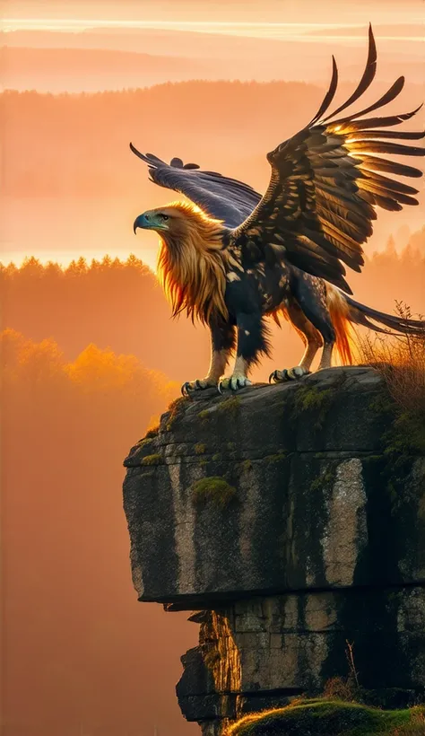 A powerful hybrid animal with the muscular body of a lion, majestic golden eagle wings, sharp claws and a curved beak. Its mane is mixed with golden feathers and its tail ends in long feathers. He stands on a cliff at the edge of a forest at dawn, with the...