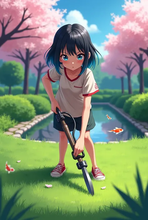 an anime character cutting grass with lawn shears