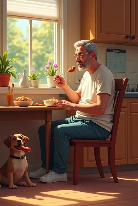 Man eating cereal in his kitchen sitting in a chair and next to the same dog you just gave me eating sausage 