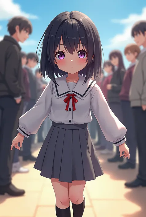 (( best quality)), (( high definition)), masterpiece, , ( 1 girl), Perspective distortion, (( wide shot)), Rukia,  black hair,  Shorthair,  hair between eyes,  purple eyes,  ,  White Collared Shirt ,  red ribbon,  grey pleated skirt, socks, shoes, (outside...