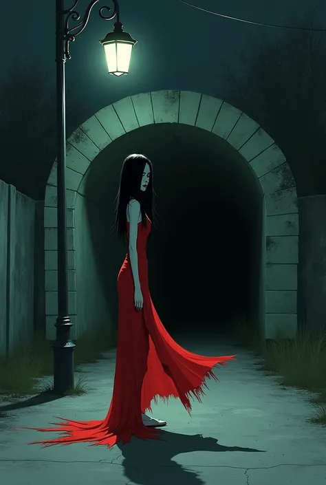  standing under a streetlight on a dark street 、 behind it is a dark and disused abandoned tunnel 、 very thin and tall woman wearing a bright red dress with long, black straight hair、Horror Taste、shocking style of painting 
