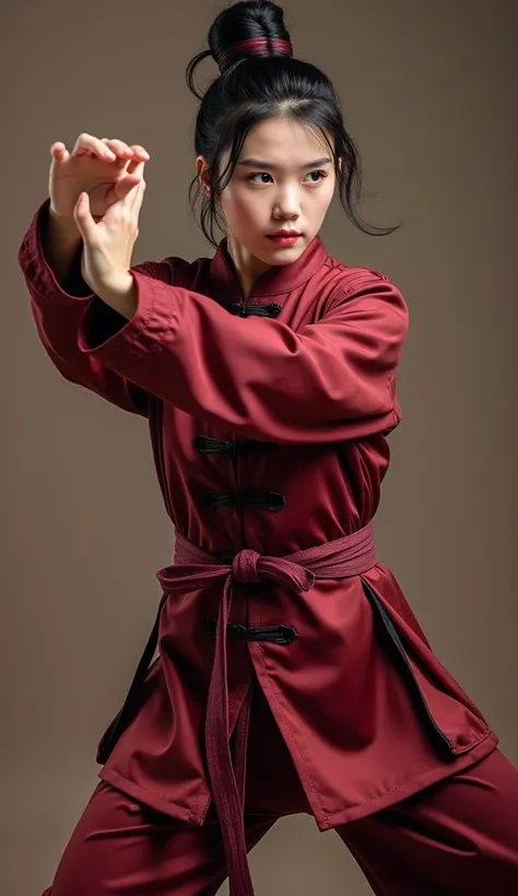  is set in a martial arts world background, Wearing a burgundy costume，Strike your opponent with a quick lunge，She performed a wonderful backkick in a dynamic position, soar in the air，High-speed motion creates illusions，  young beauty Dayan with dark hair...