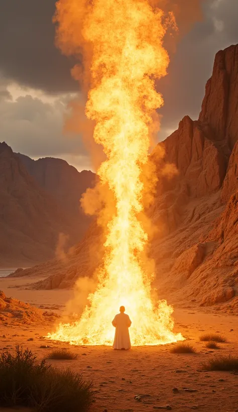 A surprised and reverent Moses ,  looking at a burning bush that shines brightly,  in a desert with mountains in the background .