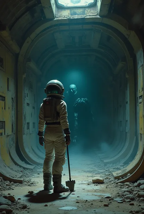 an abandoned alien spaceship, in the foreground, an astronaut girl warily looks deep into a dark corridor, tension on her face, fear and rage, a tire iron in her hand, indistinct shadows in the depths of the corridor, top quality art, depth of light and sh...