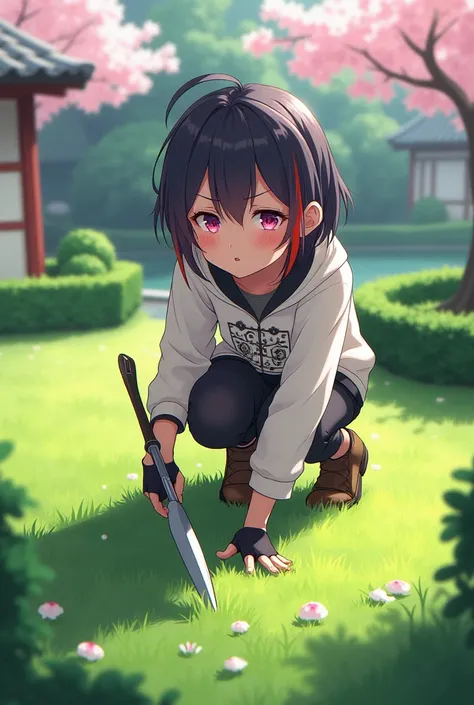 an anime character cutting grass with lawn shears