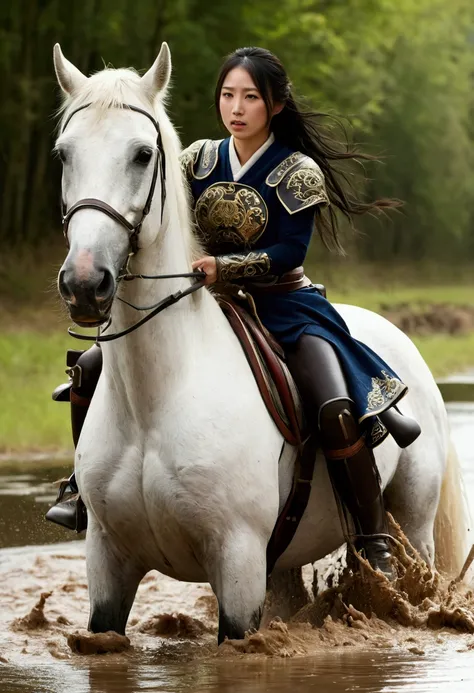 Falls hard in a swamp while fleeing on horseback. a excite weakness horse ridden by girl rearing over panics because of drowns stickey swamp in accident, the horse ridden by girl leans back ,The horse Im riding panics ,Drowning in a pond while horseback ri...