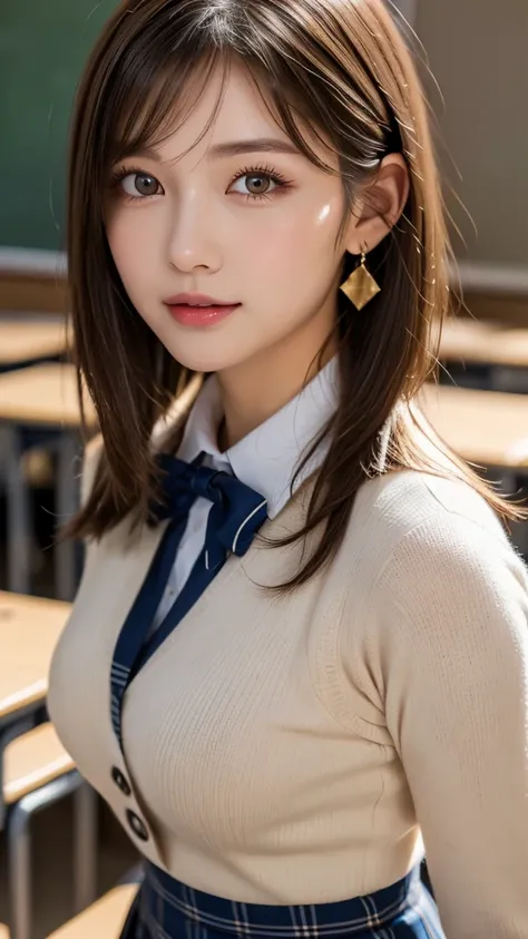 (A beautiful and cute high school girl in a school uniform is in a high school classroom during lunch break, She is wearing a  blazer and a Checkered pleats skirt as her uniform, with a Ribbon accent around collar:1.3), 
break 
(Photographically, 32K,  RAW...