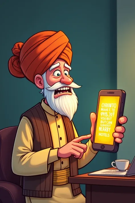 The same room, with Pukhtoon Sahib’s expression turning curious and slightly annoyed as the phone replies, “I cannot make tea but can suggest nearby hotels.” The words glow on the screen. The atmosphere is humorous and light-hearted cartoon images 
