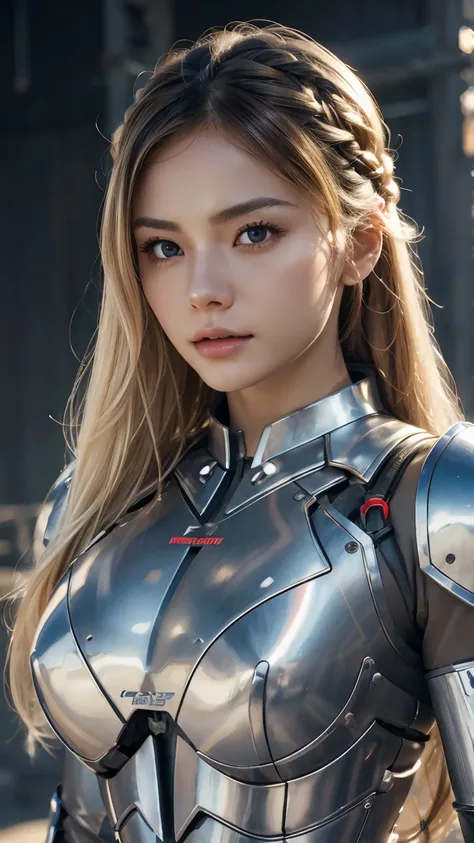 beautiful woman, super white skin, The whitest skin, long blonde hair, Side-parted hair, farrah hair, red robot metal armor, The most detailed armor pieces. The armor is made of steel, has holes , and has wires. There are wires all over the place. detail o...