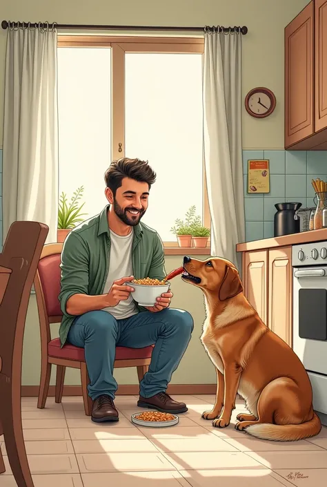 Man eating cereal in his kitchen sitting on a chair and next to a dog eating sausage
Picture with drawing effect 