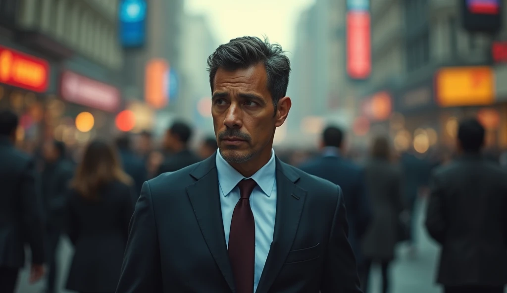 A man in his early 40s, of Latin descent, wearing a suit and tie, walking through a busy city street during the day. His face is serious, and he looks overwhelmed by the rush of people around him. He has short, dark hair and brown eyes. The crowd around hi...