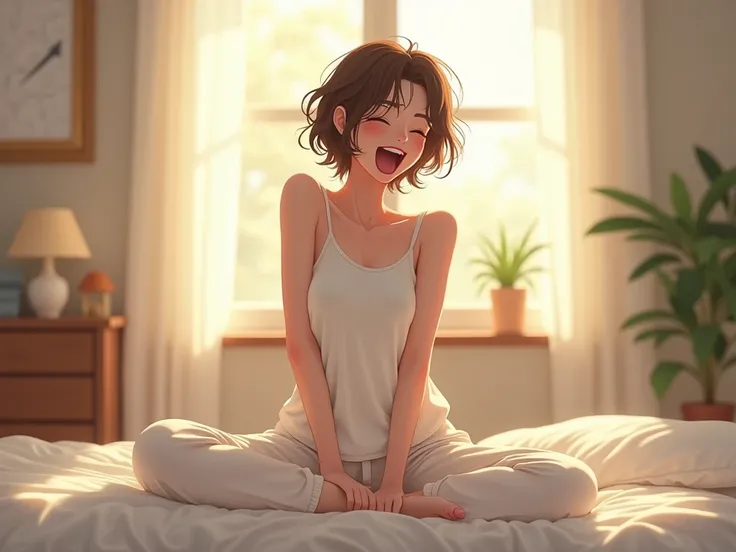 That girl for white tank top and white pajama pants is yawning to morning for bedroom