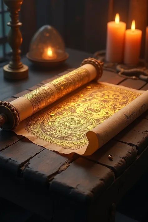 "An ancient scroll unfurled on a wooden desk, with vivid glowing text in golden ink and intricate symbols of wisdom, surrounded by flickering candles."