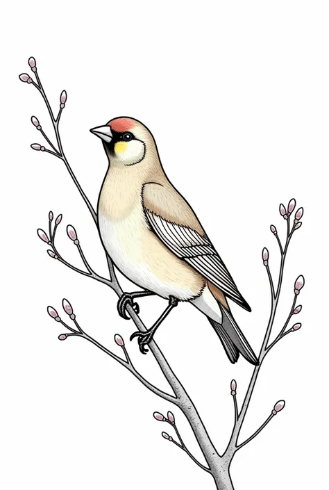  The outline of a golden bullfinch ,  sitting on a branch with flower buds. Trees on a white background . Black lines.  Perfect for a coloring book 