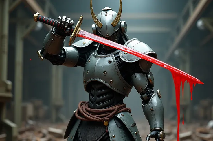 A robot in the shape of a samurai, wielding a Japanese sword in its mechanical arm, with red oil leaking out of a severed tube protruding from its body, resembling blood.