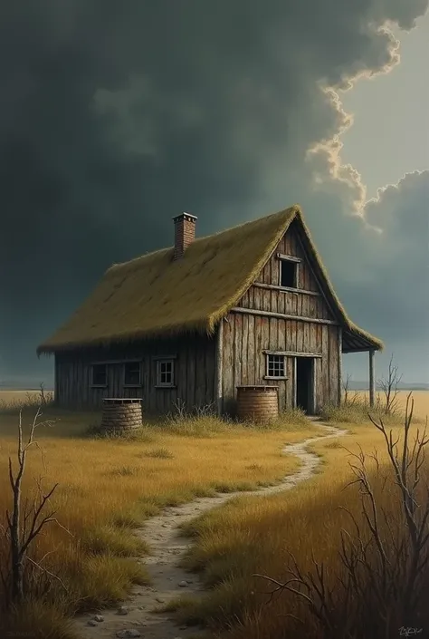 by Jiro Kuwata. medieval slavic farm. Small house and a field. oil paints. dark fantasy. Dark colors. A lot of shadows