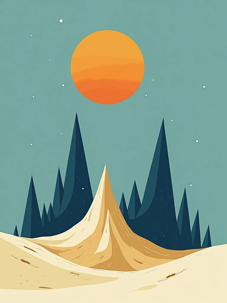 A Minimalist illustration of an Off world. With blue, teal gold and orange palettte.