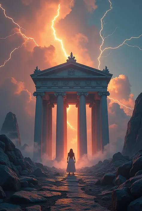 A majestic temple like structure representing a city from Greek mythology Olympus with part of it in ruins. This image emphasizes the timeless beauty and strength of the figure and its surroundings. The scene is bathed in soft, colouful light, with subtle ...